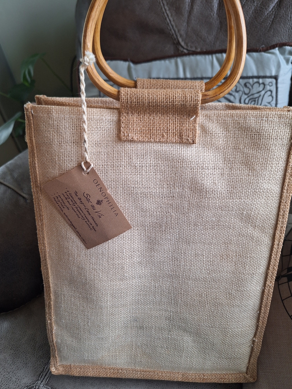 Natural Jute Wine Tote Bag with Bamboo Handles - Tan